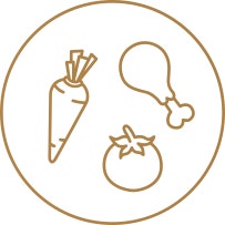 Illustration of a carrot, chicken leg and tomato in a circle