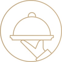 Illustration of a serving plate being held up by a waiters hand 